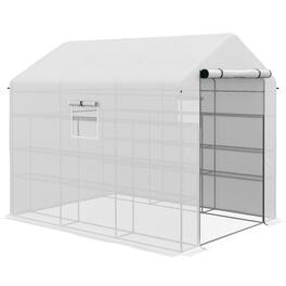 Outsunny - 8' x 6' x 7' Walk-in Greenhouse with Mesh Door and Windows, 18 Shelf Green House with Trellis, Plant Labels