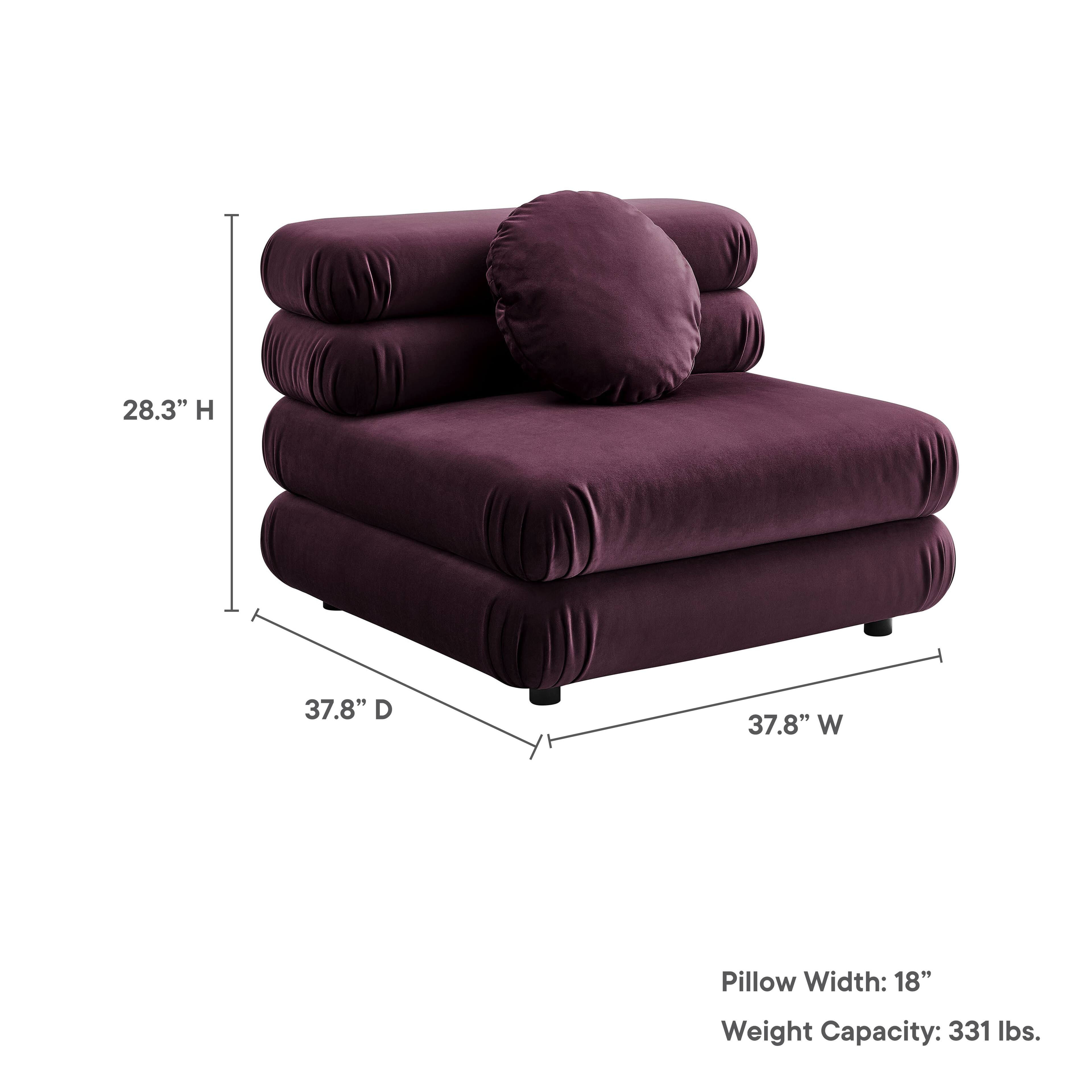 28.3" H 37.8" D 37.8" W Pillow Width: 18" Weight Capacity: 331 lbs.