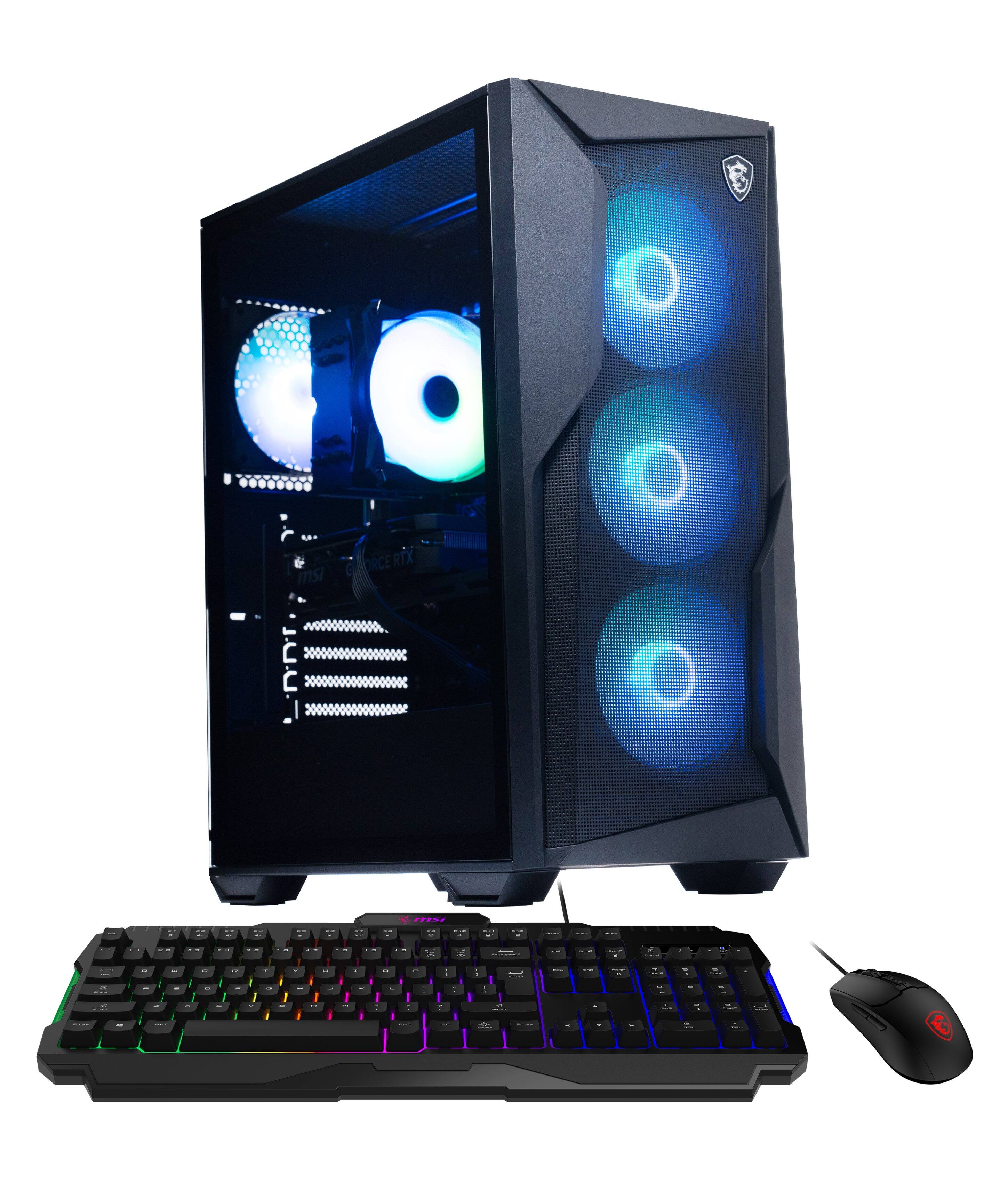 A MSI ORCERTX ORCE RTX 2080 Ti is displayed in the image. The computer is black and has a keyboard and mouse placed in front of it. The keyboard is colorful, and the mouse is positioned to the right of the keyboard.