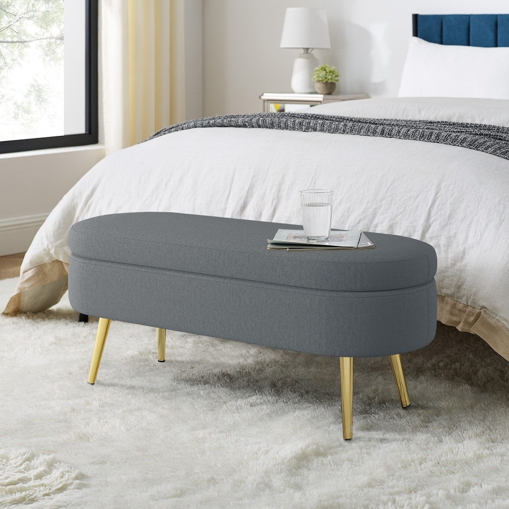 Ropilly - Oval Storage Ottoman Bench, Flannel Extra Seating with Metal Legs - Dark Gray