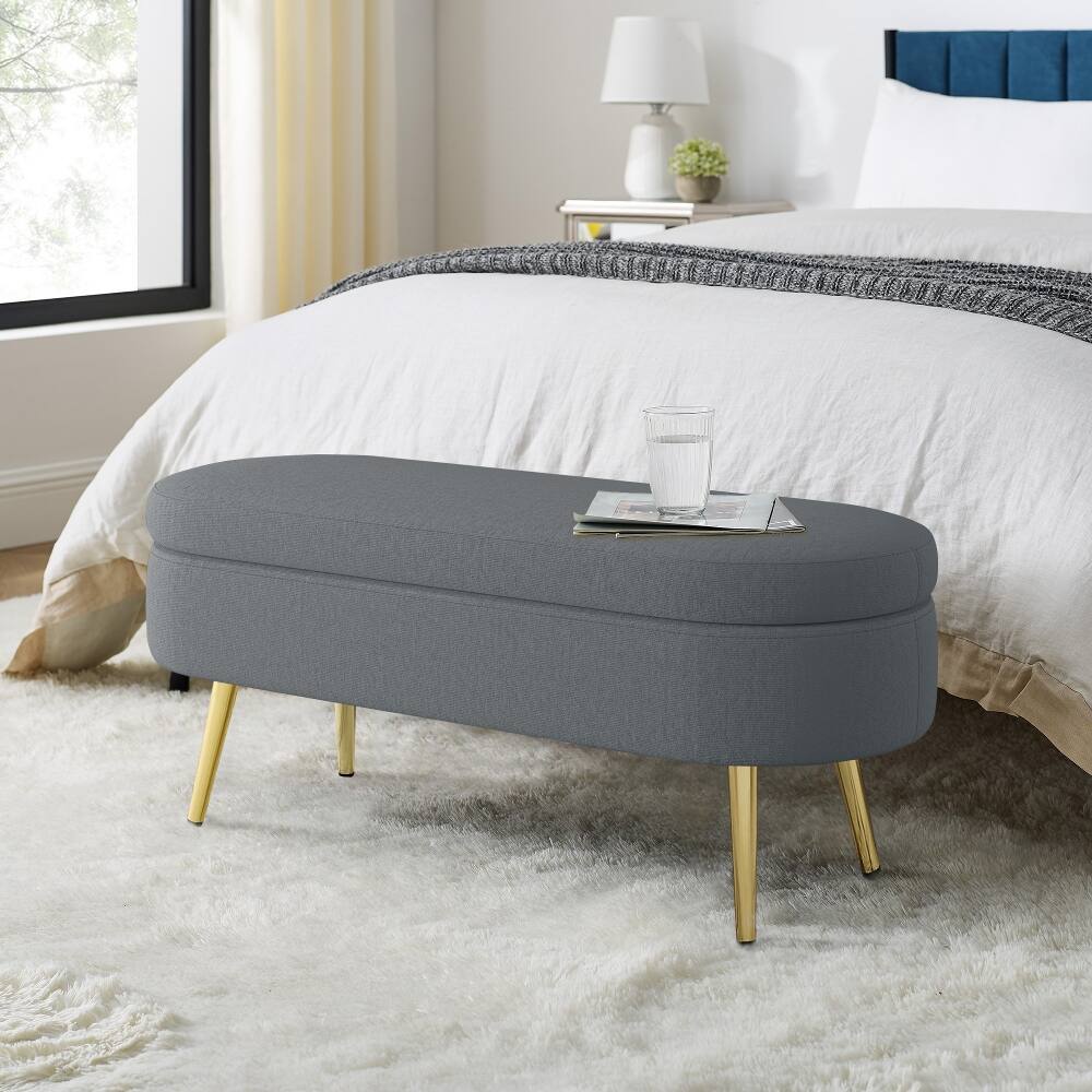 Front. Ropilly - Ropilly Oval Storage Ottoman Bench, Dark Gray Flannel Extra Seating with Metal Legs - Dark Gray.