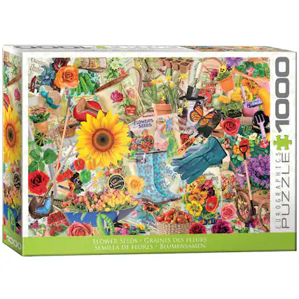 I found a box of 1000 piece puzzle. It's called "Country Garden" and it features a colorful illustration of a garden with flowers, vegetables, and gardening tools. The box also mentions "Flower Seeds" and "Graines des Fleurs" in multiple languages.