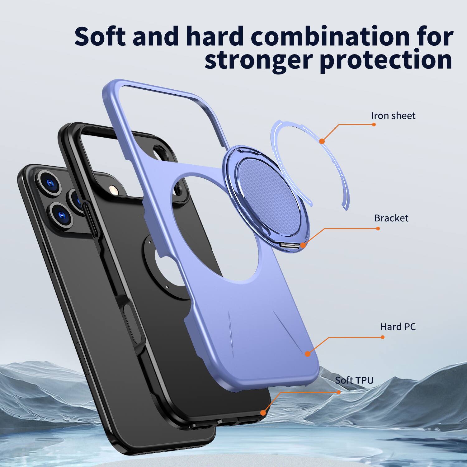 Soft and hard combination for stronger protection

Iron sheet
Bracket
Hard PC
Soft TPU