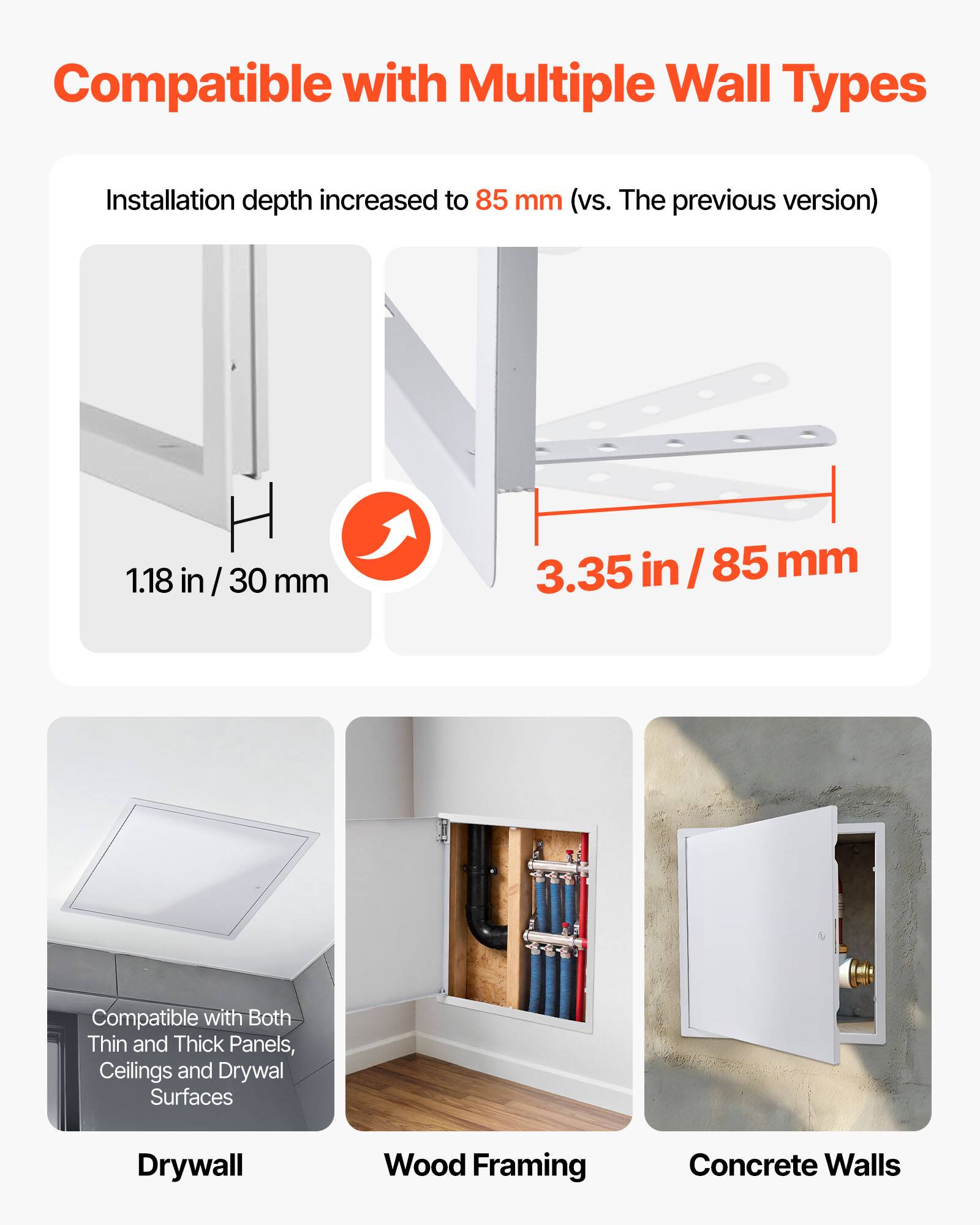 Compatible with Multiple Wall Types

Installation depth increased to 85 mm (vs. The previous version)

1.18 in / 30 mm

3.35 in / 85 mm

Compatible with Both Thin and Thick Panels, Ceilings and Drywall Surfaces

Drywall

Wood Framing

Concrete Walls