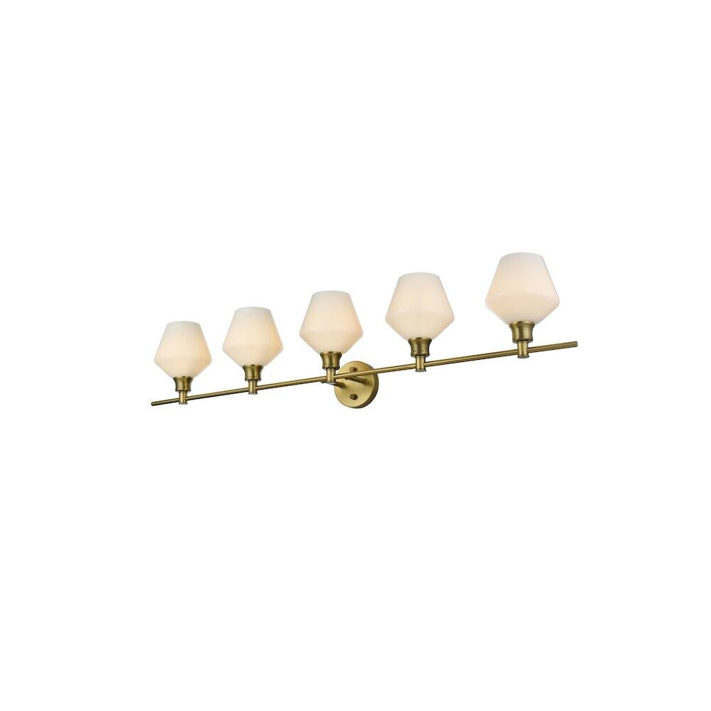 Left. Living District - Gene 5 Light Satin Gold and Frosted White Glass Wall Sconce - Satin Gold.