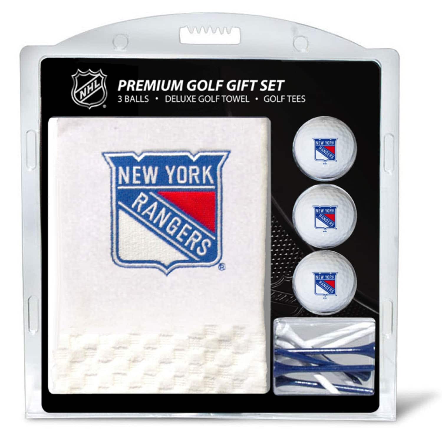 NHL PREMIUM GOLF GIFT SET  
3 BALLS • DELUXE GOLF TOWEL • GOLF TEES  
NEW YORK RANGERS