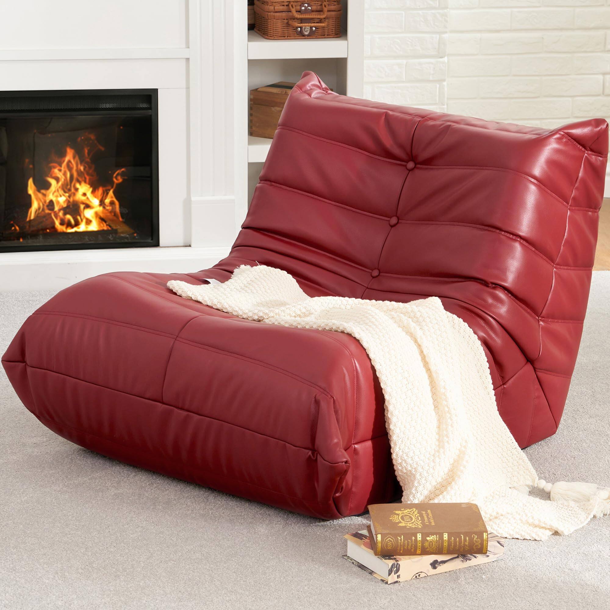 Front. PO3TICJUNKI3 - Giant Bean Bag Chair Lazy Floor Sofa Memory Foam Fireside For Adults Big Beanbag Faux Leather Armless Livin - Winered.