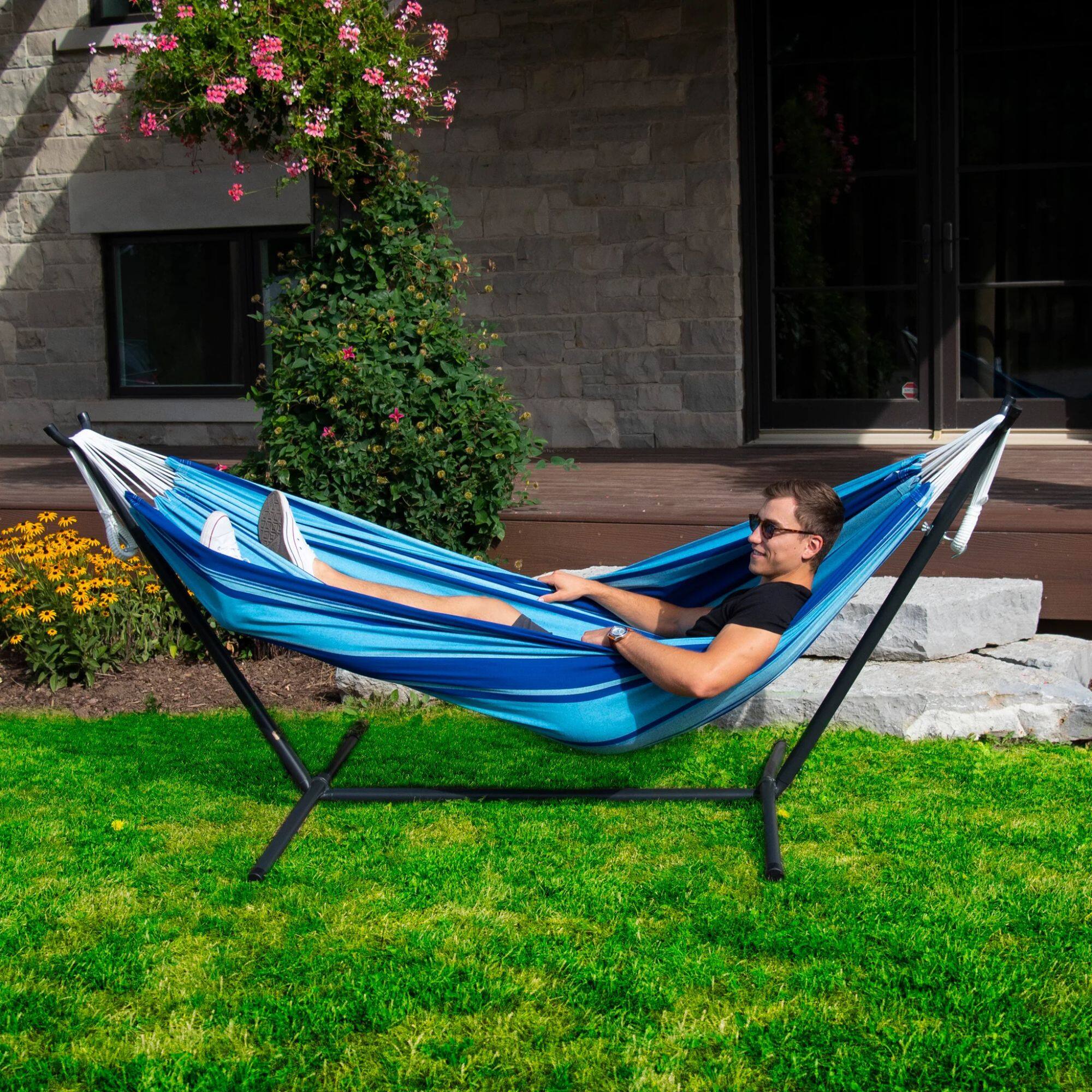 Alt View 2. Vivere - Vivere Double Cotton Hammock, Comfortable Daybed, Steel Stand, 9', Island Breeze - Island Breeze.
