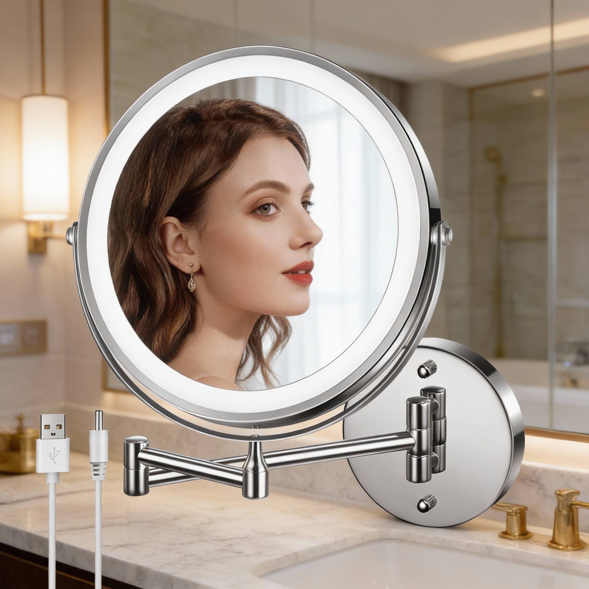 Alt View 1. PO3TICJUNKI3 - 8" Rechargeable Wall Makeup Mirror 1x/10x Magnifying LED 3-Color Dimmable 360° Foldable - Antique Bronze.