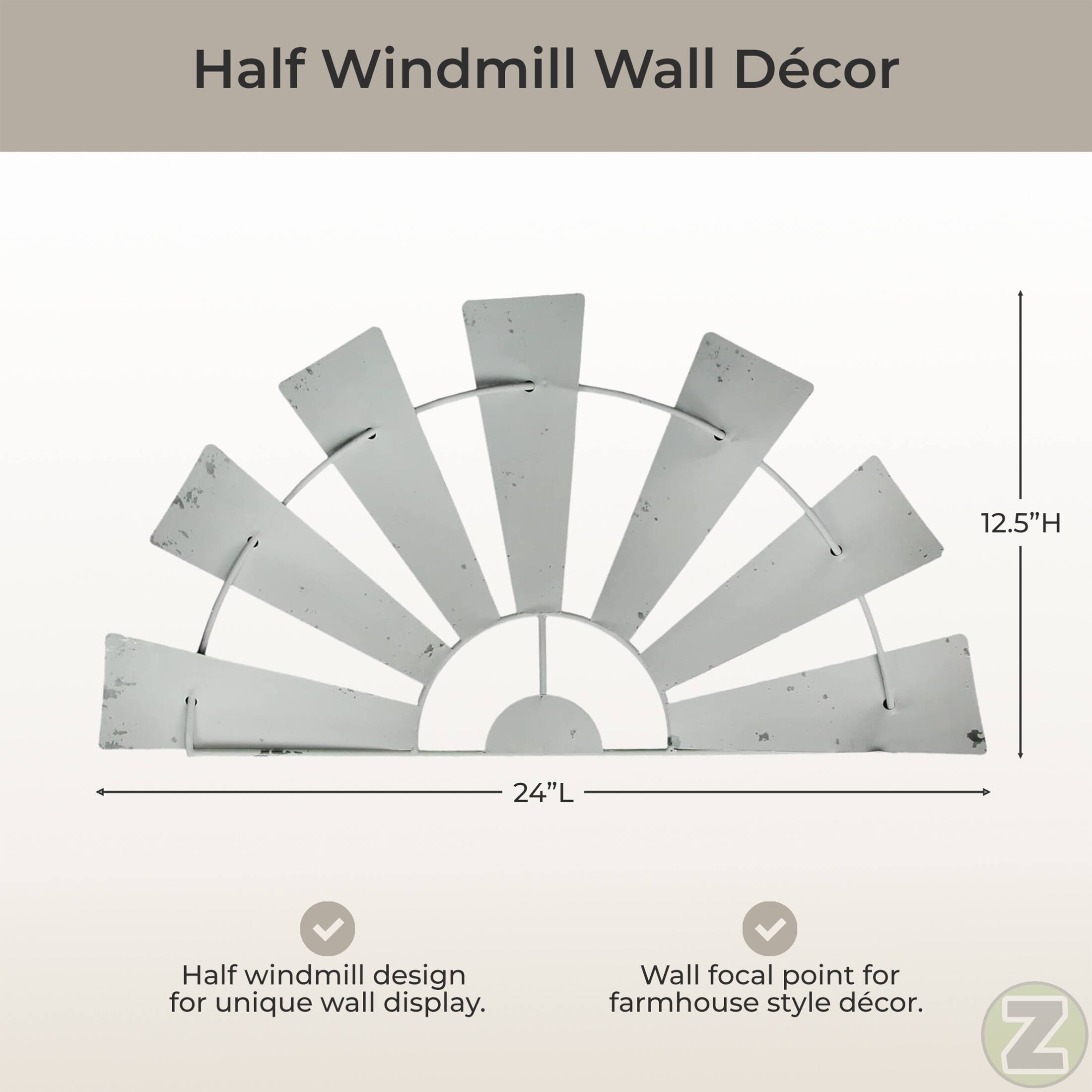 Half Windmill Wall Décor  
12.5"H 24"L  
Half windmill design for unique wall display.  
Wall focal point for farmhouse style décor.
