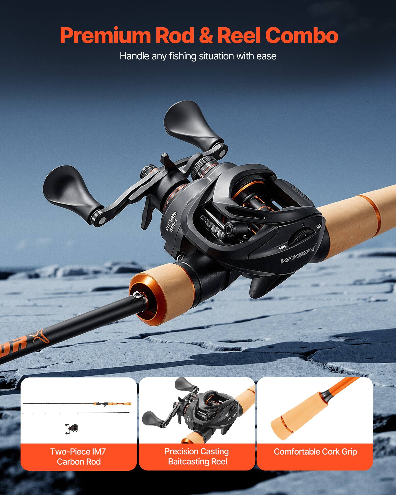 Premium Rod & Reel Combo  
Handle any fishing situation with ease  

- Two-Piece IM7 Carbon Rod  
- Precision Casting Baitcasting Reel  
- Comfortable Cork Grip