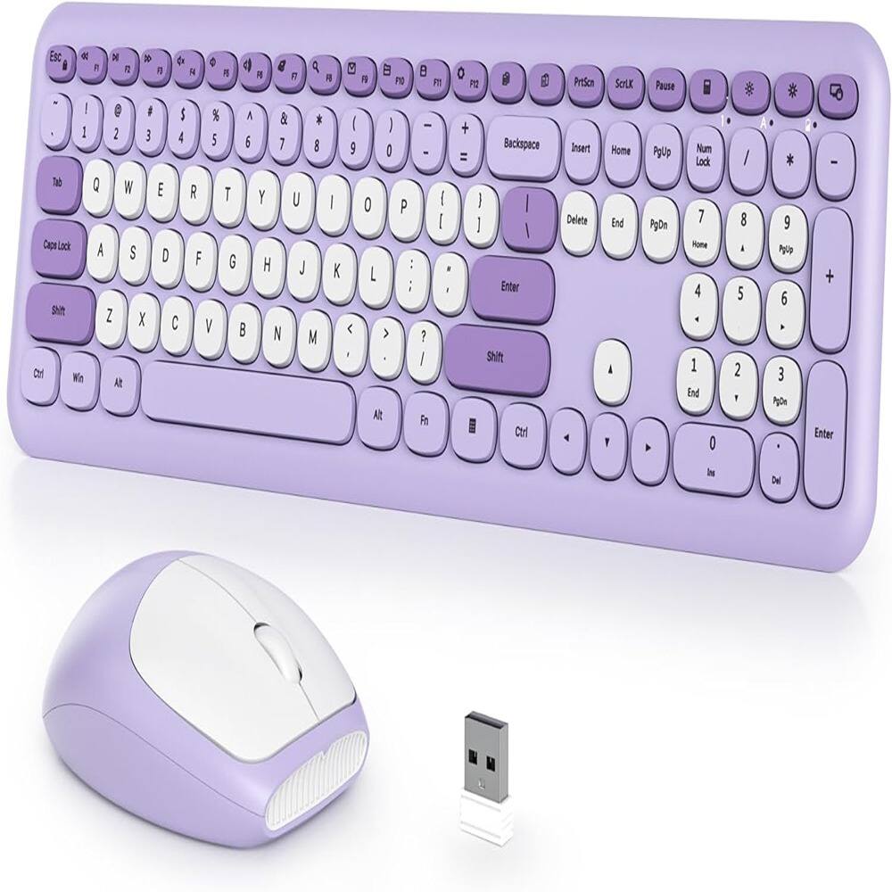 MOSZAR LLC - Typewriter Wireless Keyboard and Mouse Combo,2.4G Office 104 Keys Full-Sized Retro - Purple, White