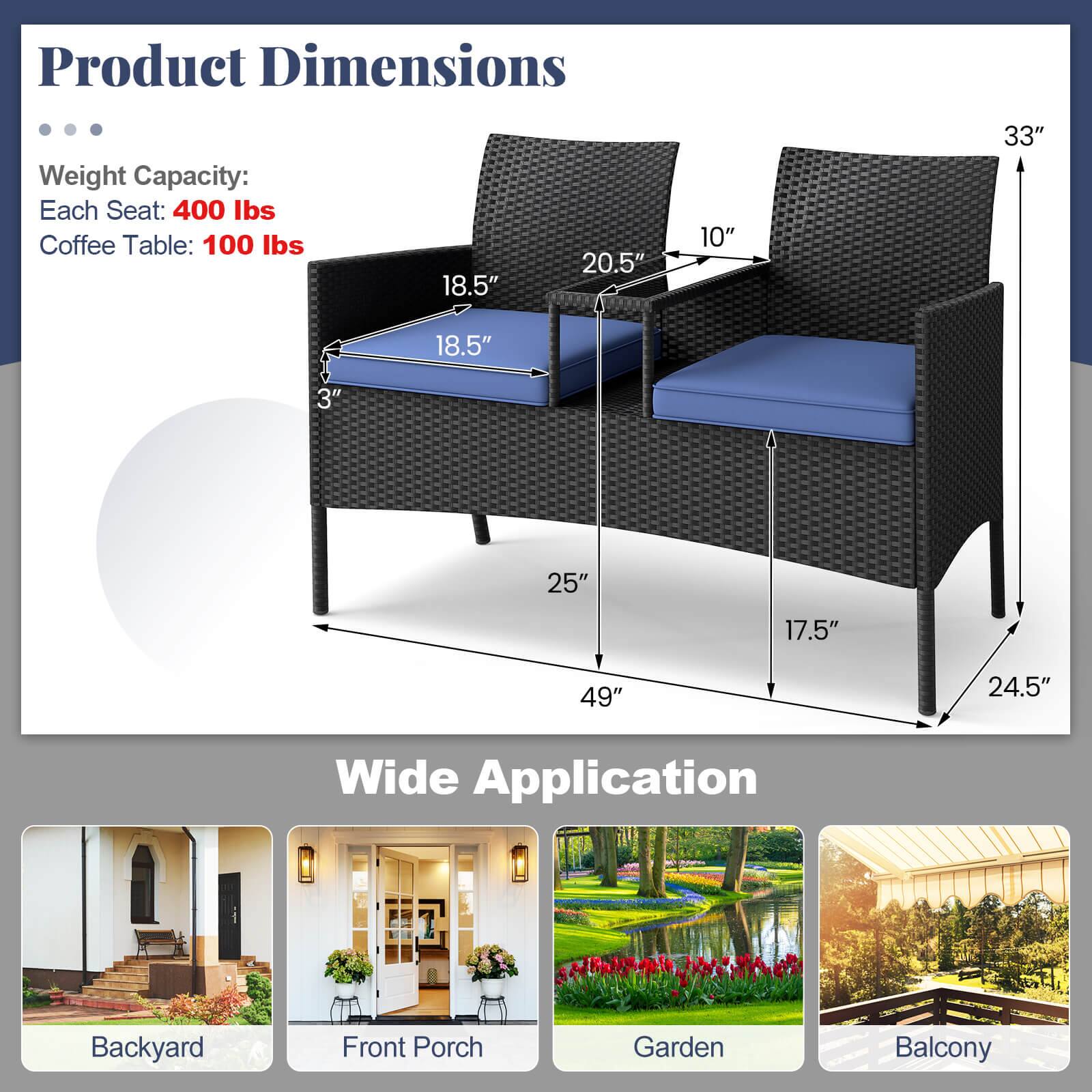 Product Dimensions:
- Weight Capacity: Each Seat: 400 lbs
- Coffee Table: 100 lbs
- 18.5" x 20.5" x 10"
- 33" x 18.5" x 3"
- 25" x 17.5" x 49"
- Wide Application
- Backyard
- Front Porch
- Garden
- Balcony