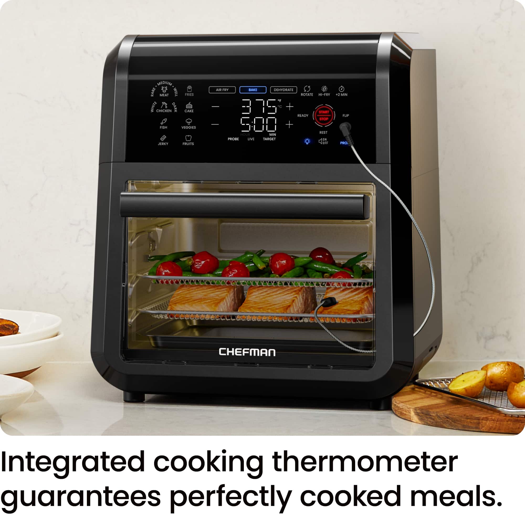 The text on the image reads: "Chefman Integrated cooking thermometer guarantees perfectly cooked meals."