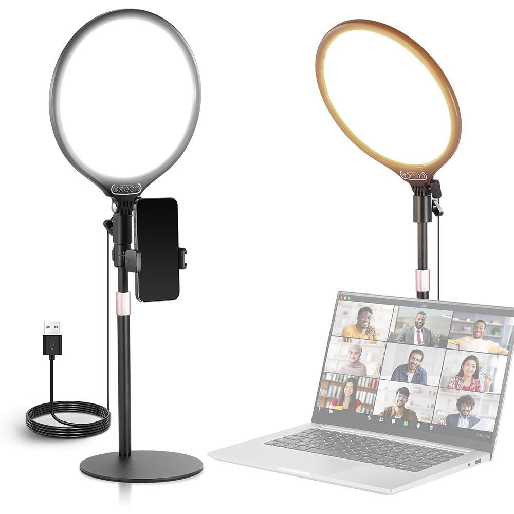 Front. PARKER SLATER - 10.5" desk ring light with stand, phone holder, timer, 3000-6500K LED for iPhone recording, streaming, makeup.