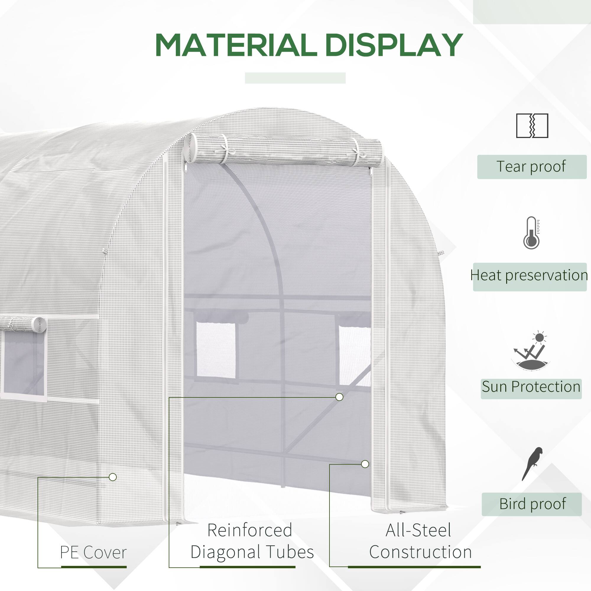 MATERIAL DISPLAY

- Tear proof
- Heat preservation
- Sun Protection
- PE Cover
- Reinforced Diagonal Tubes
- All-Steel Construction
- Bird proof