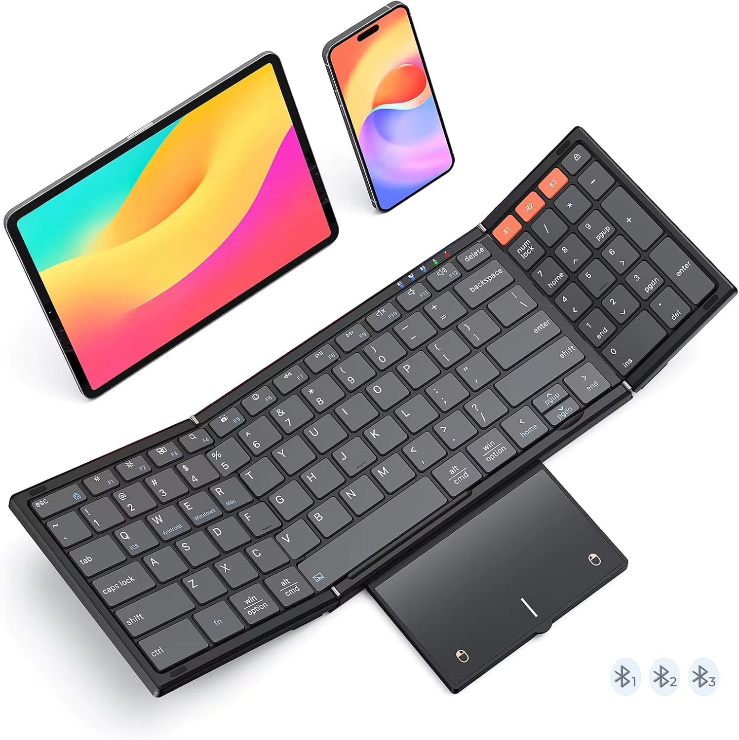 Luckbyte - Full-Size Foldable Bluetooth Wireless Keyboard with Touchpad, Connect Up to 3 Devices, USB-C Rechargeable, Gray - Black