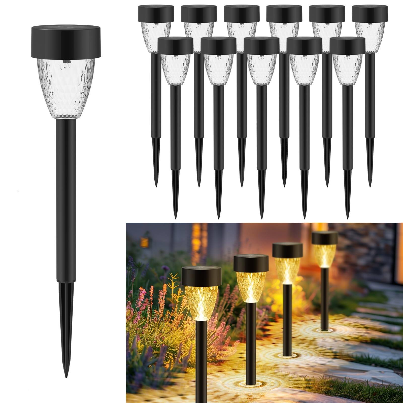 Front. Dazzed Corner - 12 Pack Solar Garden Lights, Outdoor Solar Pathway Lights - Black.