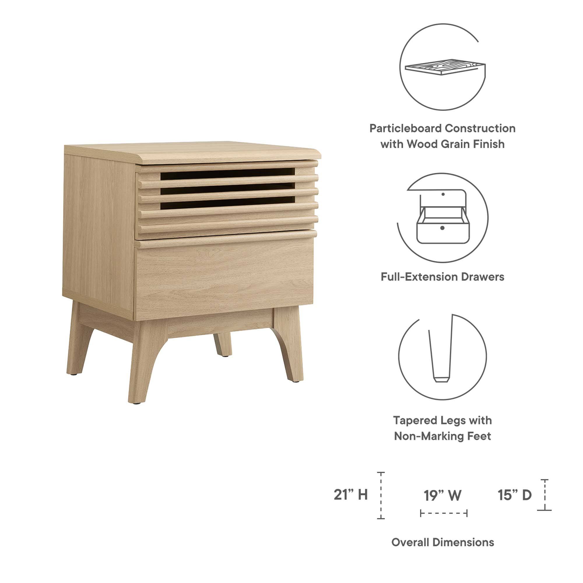 Particleboard Construction with Wood Grain Finish  
Full-Extension Drawers  
Tapered Legs with Non-Marking Feet  

Overall Dimensions:  
21" H x 19" W x 15" D