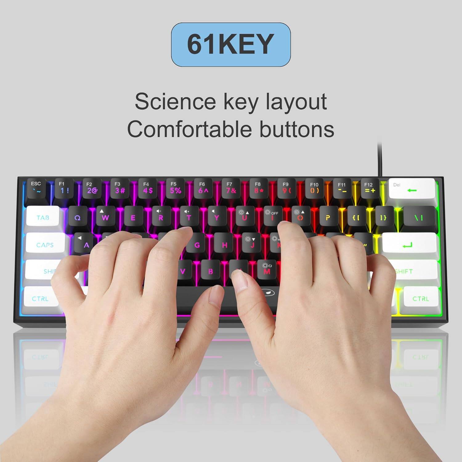 61KEY  
Science key layout Comfortable buttons  
ESC  
F1 1  
F2 2@  
F3 3#  
F4 4$  
F5 5%  
F6 6^  
F7 7&  
F8 8*  
F9 9(  
F10 0)  
F11  
F12  
Del  
TAB  
Q  
W  
E  
R  
T  
Y  
U  
I  
O  
P  
{  
}  
CAPS  
A  
S  
D  
F  
G  
H  
J  
K  
L  
;  
"  
SHIFT  
CTRL  
CTRL  
CTRL