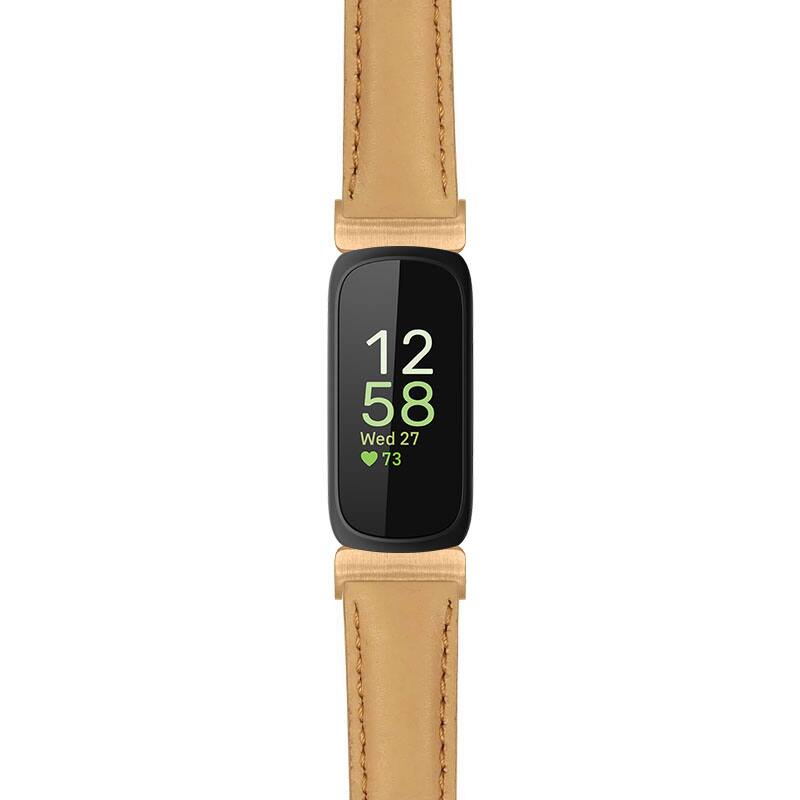 Front. StrapsCo - Everyday Leather Watch Band Strap For Fitbit Inspire 3 (Extra Long) - Beige (Rose Gold Hardware).