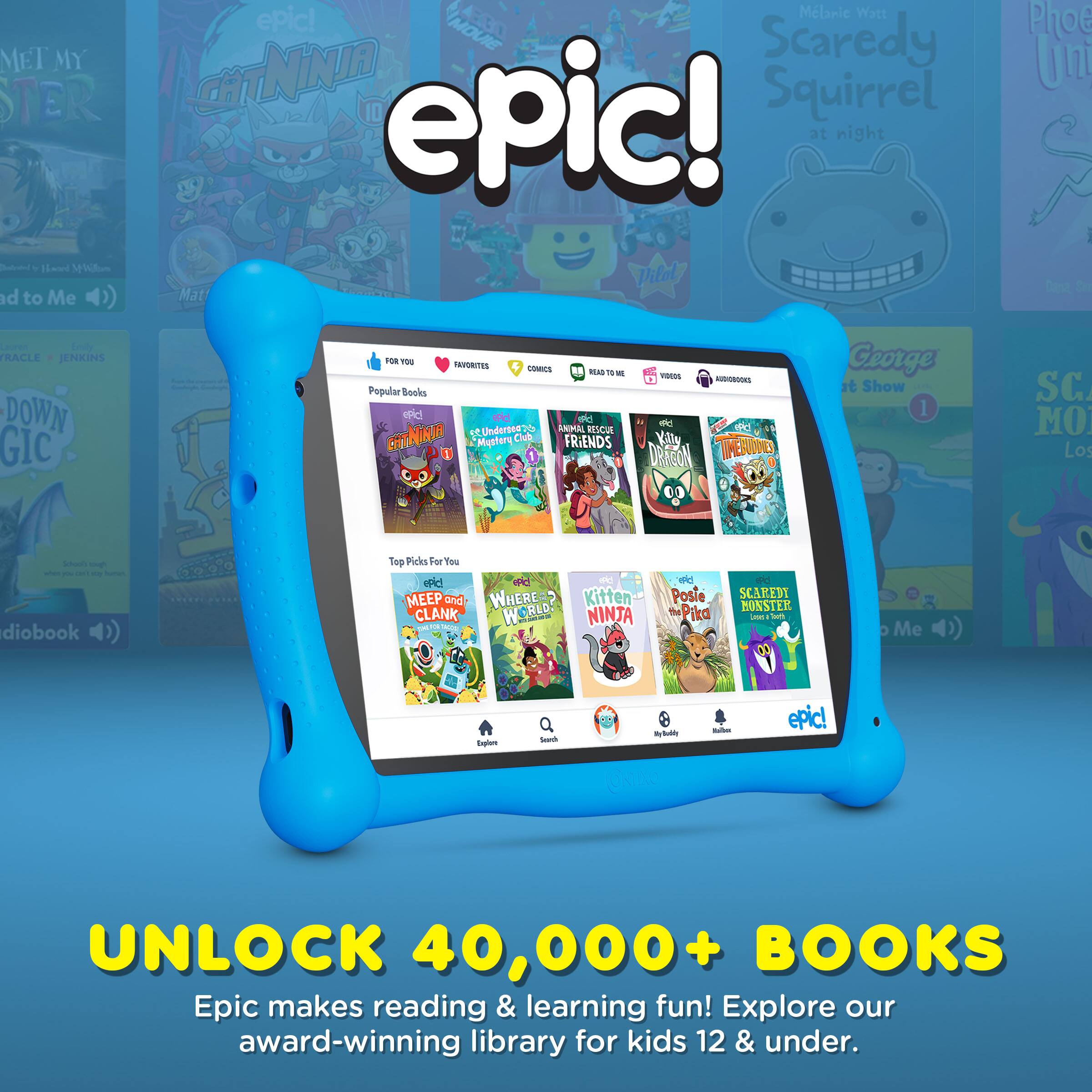 Sure, here is the corrected and grouped text from the image:

---

**epic!**

**UNLOCK 40,000+ BOOKS**

Epic makes reading & learning fun! Explore our award-winning library for kids 12 & under.

---

**Popular Books**

- **Cat Ninja**
- **Scaredy Squirrel at night**
- **The Magic School Bus: Under the Sea**
- **The Magic School Bus: Inside the Earth**
- **The Magic School Bus: Inside the Human Body**
- **The Magic School Bus: Inside the Earth**
- **The Magic School Bus: Inside the Earth**
- **The Magic School Bus: Inside the Earth**
- **The Magic School Bus: Inside the Earth**
- **The Magic School Bus: Inside the Earth**
- **The Magic School Bus: Inside the Earth**
- **The Magic School Bus: Inside the Earth**
- **The Magic School Bus: Inside the Earth**
- **The Magic School Bus: Inside the Earth**
- **The Magic School Bus: Inside the Earth**
- **The Magic School Bus: Inside the Earth**
- **The Magic School Bus: Inside the Earth**
- **The Magic School Bus: Inside the Earth**
- **The Magic School