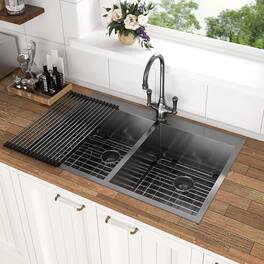 Siljoy - Double Bowl Drop in Sink- 33" x 22" x 9" Double Bowl Kitchen Sink 16 Gauge with Two 9" Deep Basin - Gunmetal Black