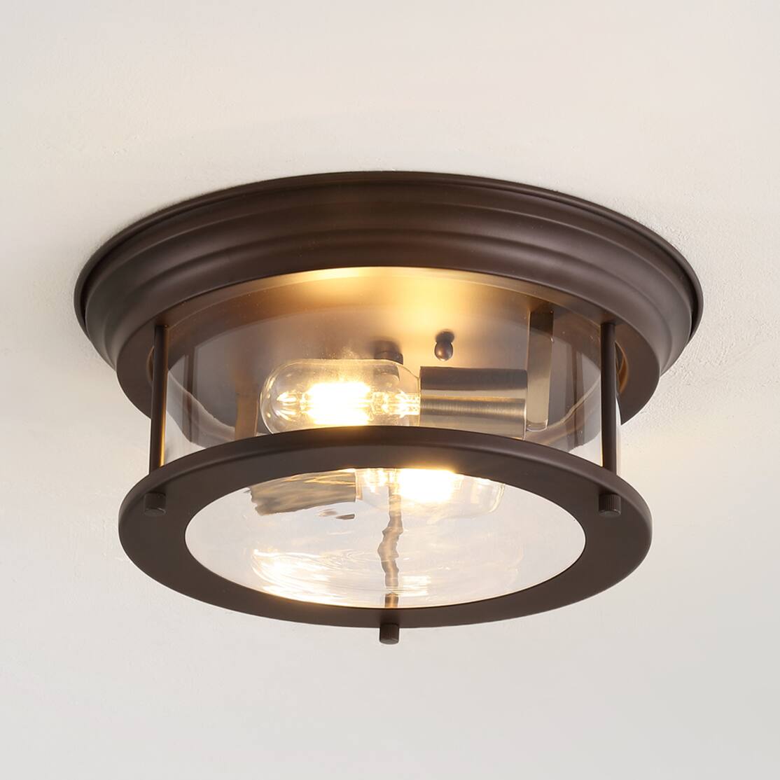 Alt View 1. Jonathan Y - Lauren 13.25" 2-Light Metal/Glass LED Flush Mount, Oil Rubbed Bronze/Brass Gold - Oil Rubbed Bronze/Brass Gold.