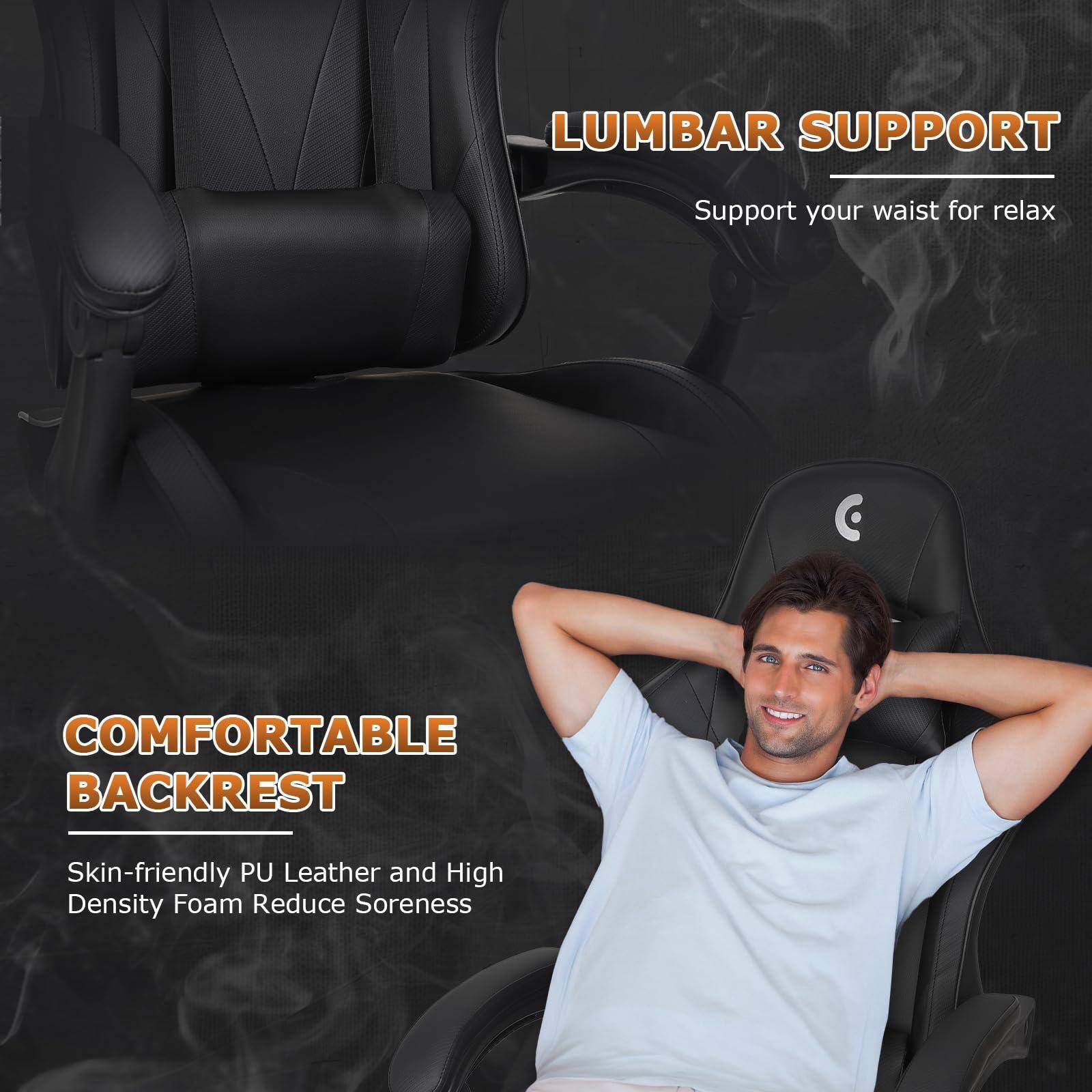 LUMBAR SUPPORT  
Support your waist for relax  

COMFORTABLE BACKREST  
Skin-friendly PU Leather and High Density Foam Reduce Soreness