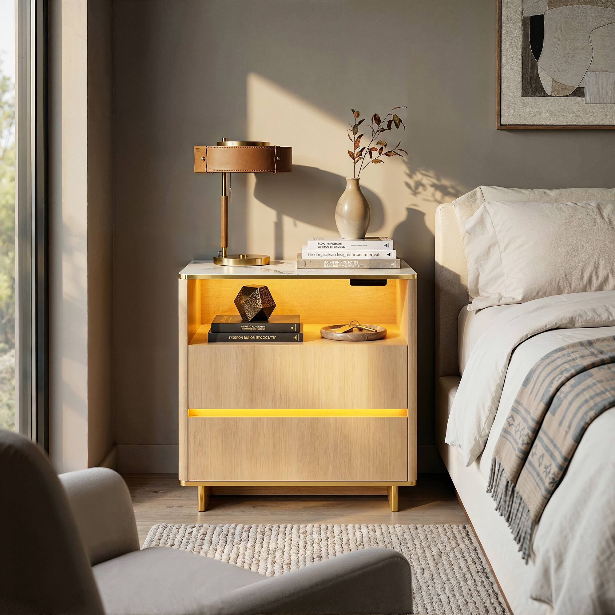 The elegant design of the bedside table