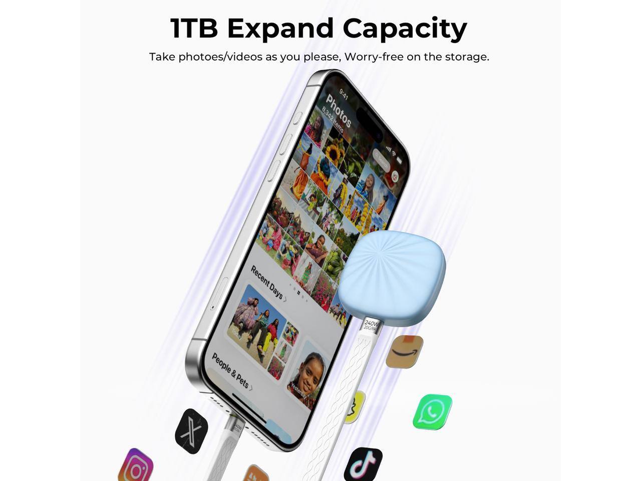 1TB Expand Capacity  
Take photos/videos as you please, Worry-free on the storage.  

9:41  
8,342 Photos  
Recent Days  
240W  
People & Pets  
X