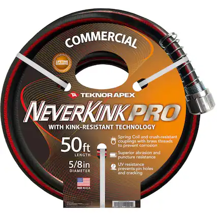 COMMERCIAL LIFETIME GUARANTEE AT TEKNOR APEX NEVERKINK PRO WITH KINK-RESISTANT TECHNOLOGY
- Spring Coil and crush-resistant couplings with brass threads
- 50ft LENGTH
- 5/8in DIAMETER
- Superior abrasion and puncture resistance
- UV resistance prevents pin holes and cracking
- MADE IN U.S.A.