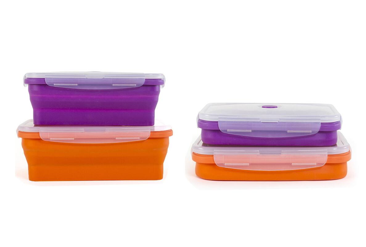 Back. Kitchen + Home - Thin Bins Collapsible Containers - Set of 2 XL Silicone Food Storage Containers - purple, orange.