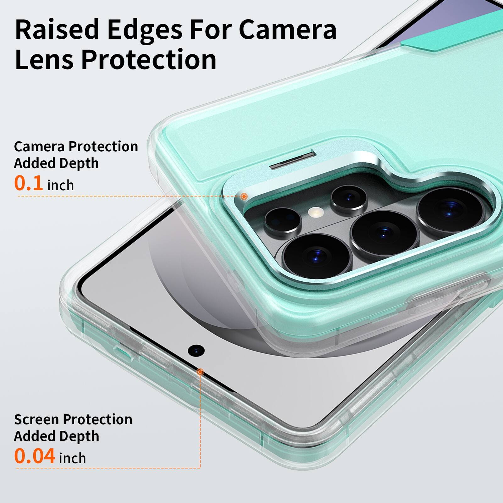 Raised Edges For Camera Lens Protection

Camera Protection Added Depth 0.1 inch

Screen Protection Added Depth 0.04 inch