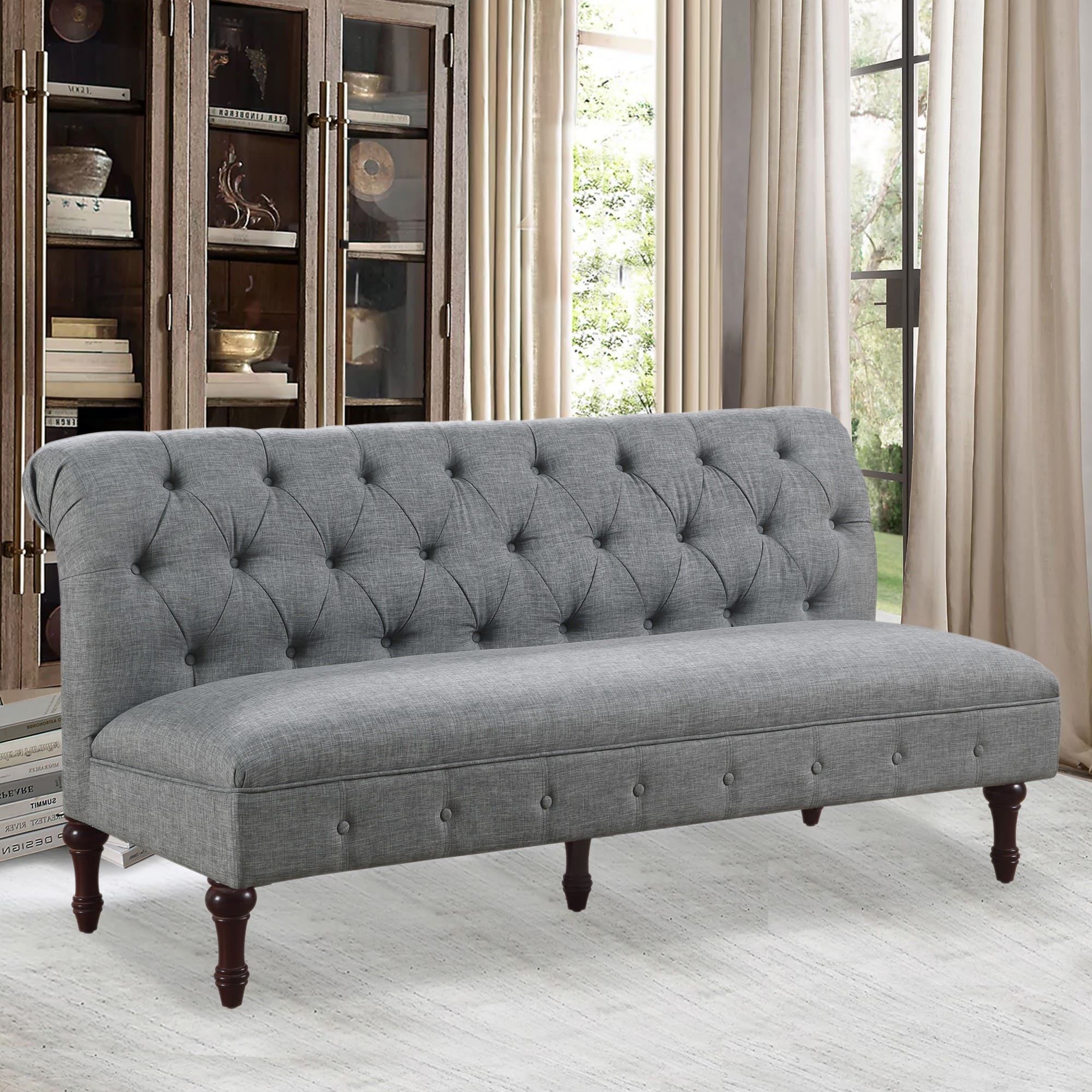 Boyel Living - Tufted Linen Sofa with Solid Wood Legs - Light Gray