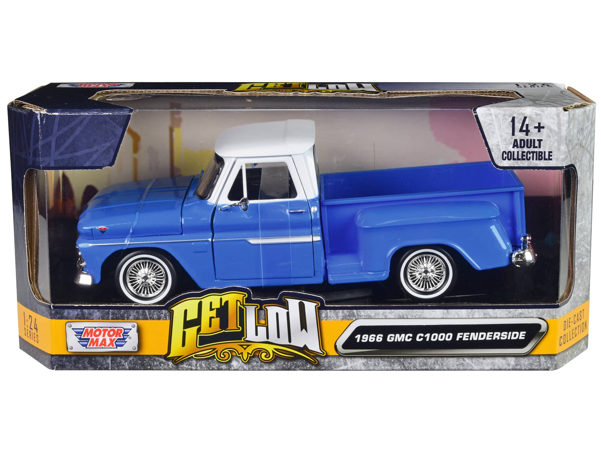 "1966 GMC C1000 Fenderside Pickup Truck Lowrider Blue with White Top ""Get Low"" Series 1/24 Diecast Model Car by Motormax" price history on PriceWatchPro