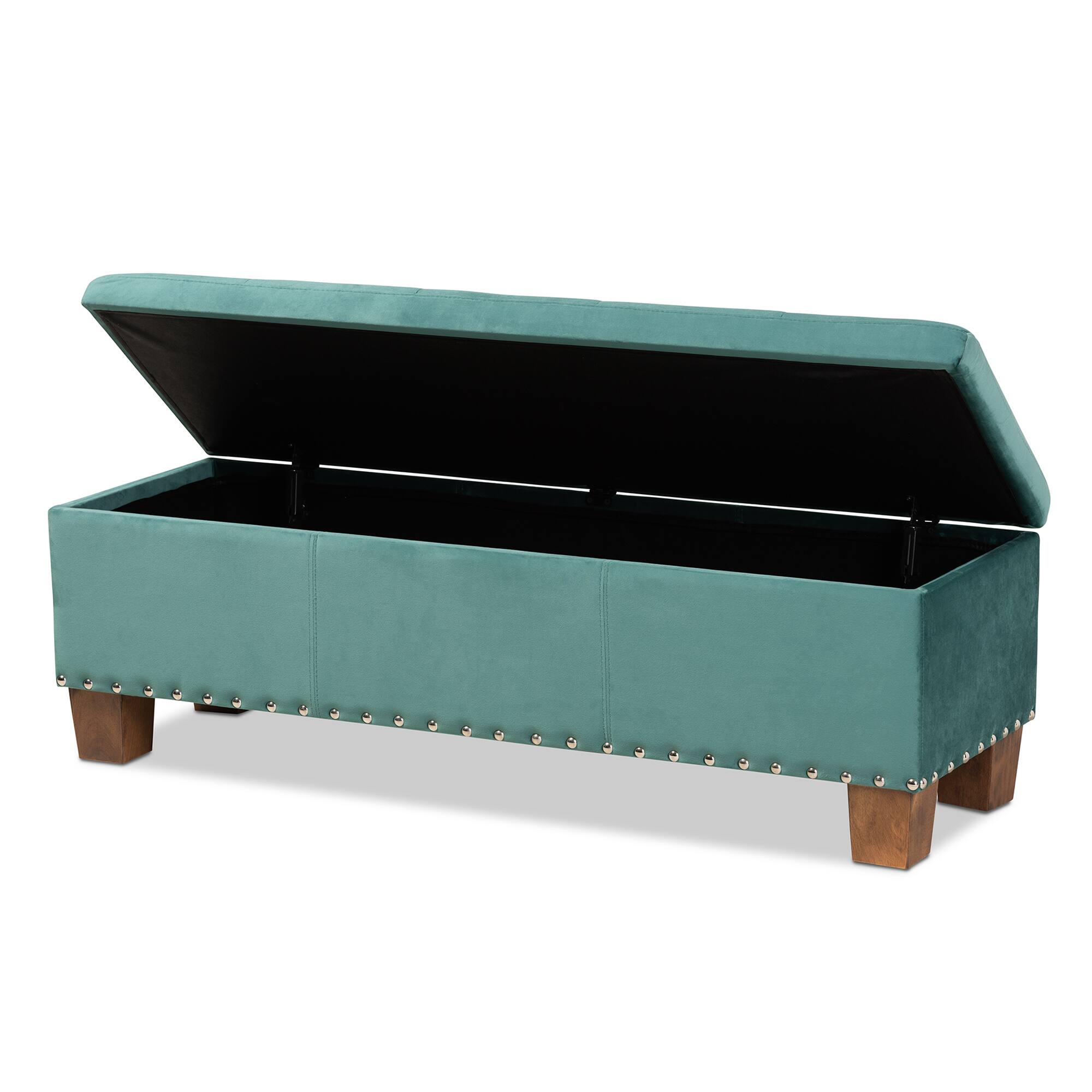 Angle. Baxton Studio - Hannah Modern and Contemporary Velvet Fabric Upholstered Button-Tufted Storage Ottoman Bench - Teal Blue/Brown.