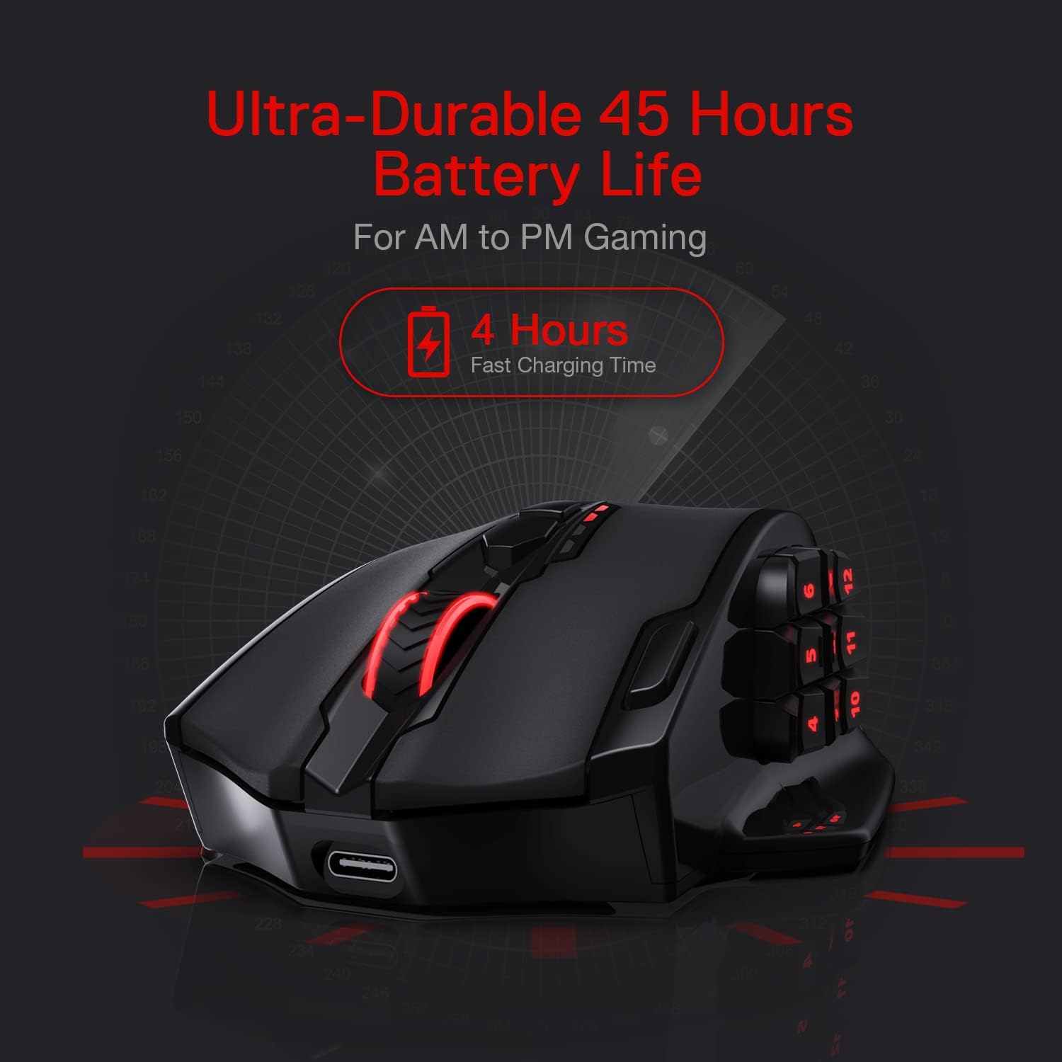 Ultra-Durable 45 Hours Battery Life For AM to PM Gaming  
4 Hours Fast Charging Time