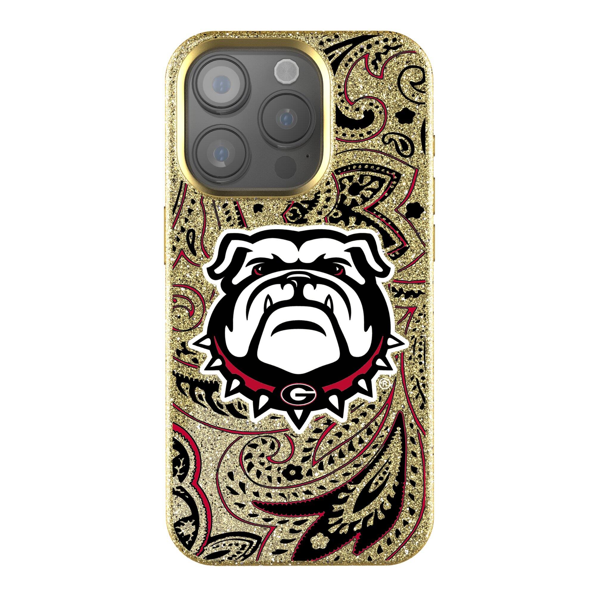 Front. Keyscaper - Georgia Bulldogs Paisley Bling iPhone Case - 14 Pro - Gold.
