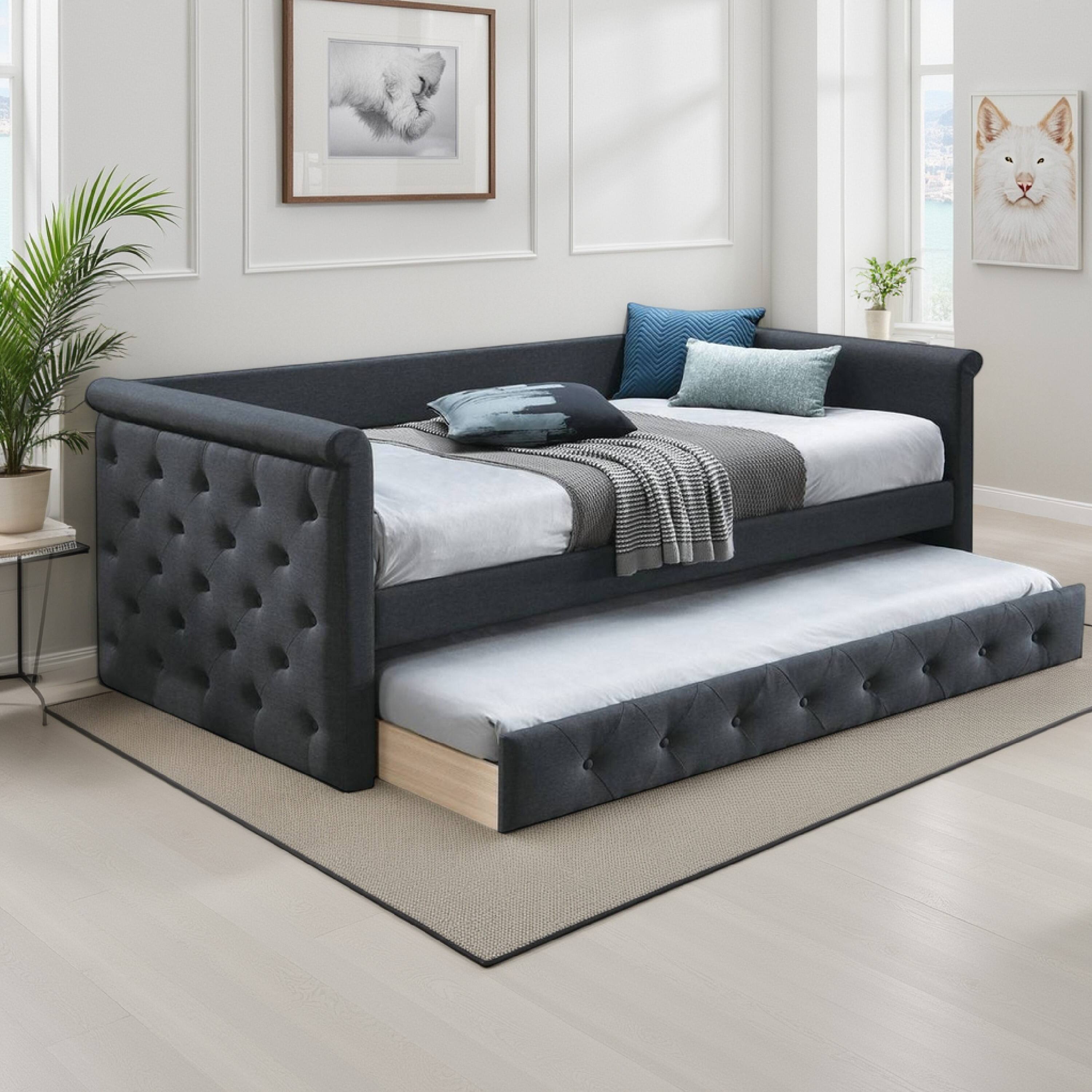Alt View 5. Manhattan Lane - Edra Classic Upholstered Day Bed with Trundle, Tufted Charcoal Gray Burlap - Charcoal Gray.