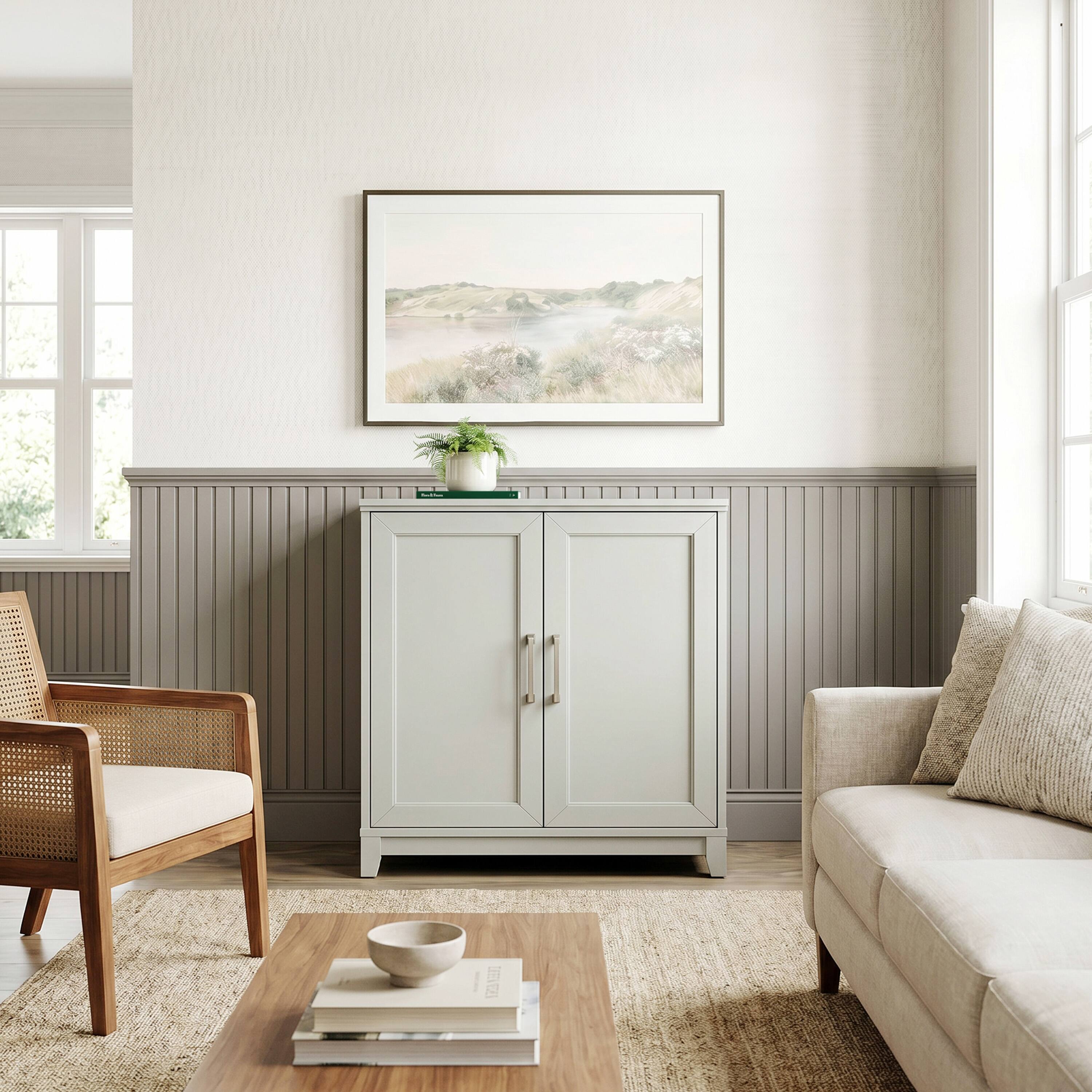 Alt View 5. Martha Stewart - Bedford Modular Storage Cabinet with Adjustable Shelf, Soft-Close Doors, Solid Wood Frame and Legs - Bedford Gray/Brushed Stainless Steel Hardware.