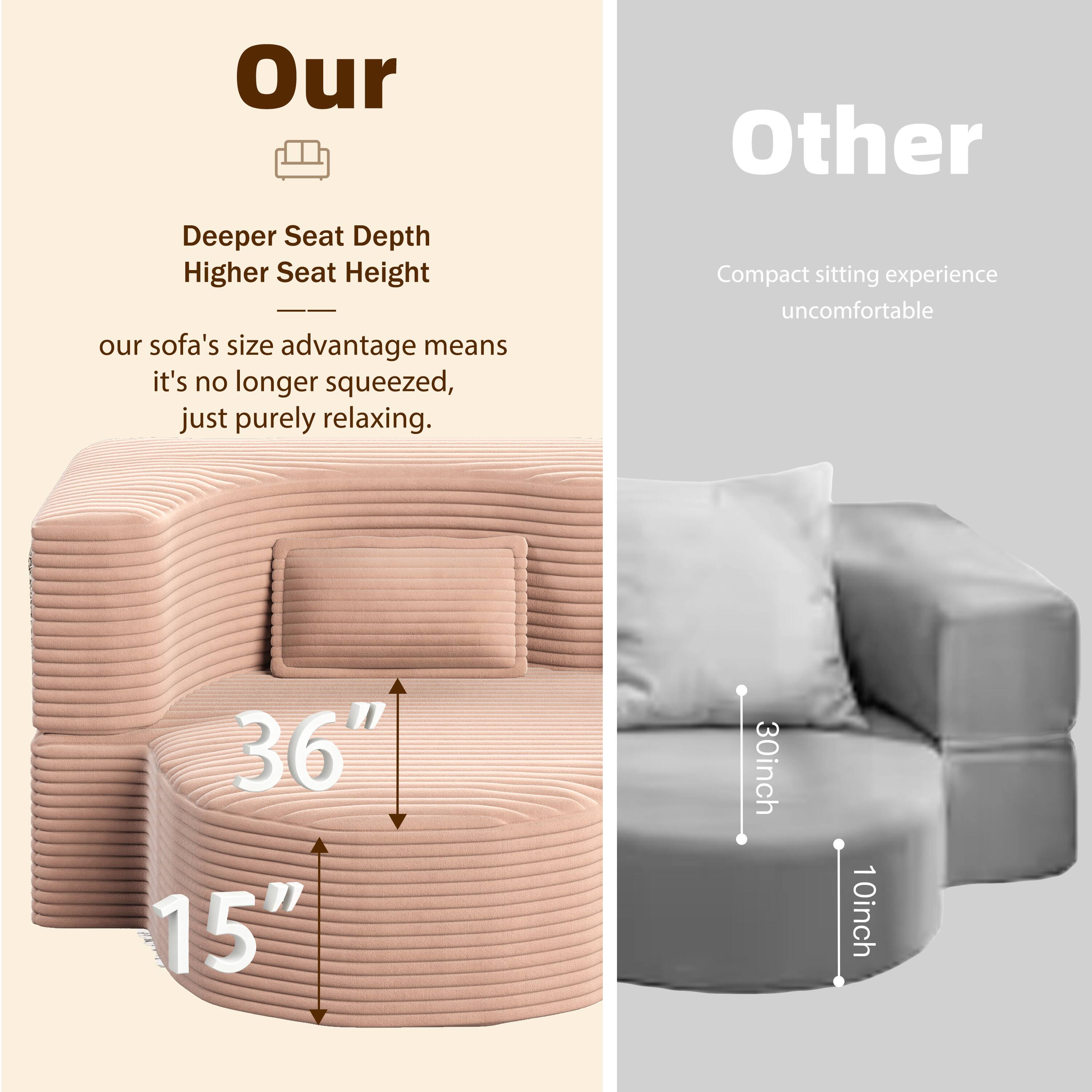 **Our**

- Deeper Seat Depth
- Higher Seat Height

Our sofa's size advantage means it's no longer squeezed, just purely relaxing.

36"  
15"

**Other**

- Compact sitting experience
- Uncomfortable

30inch  
10inch