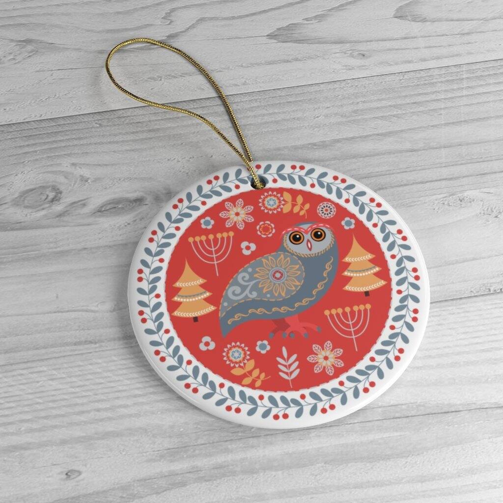 Back. OrnamentallyYou - Ethnic Folk Owl Christmas Ornament Scandinavian Vintage Theme Circle Version - Multi-colored.