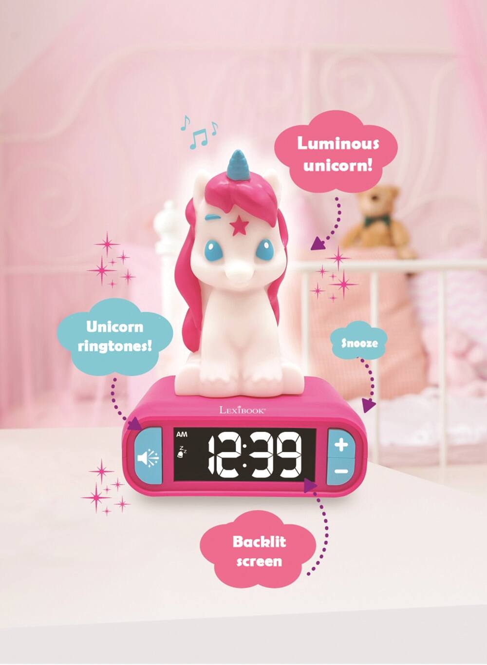 Luminous unicorn!  
Unicorn ringtones!  
Snooze  
LEXIBOOK AM Z +  
12:39  
Backlit screen