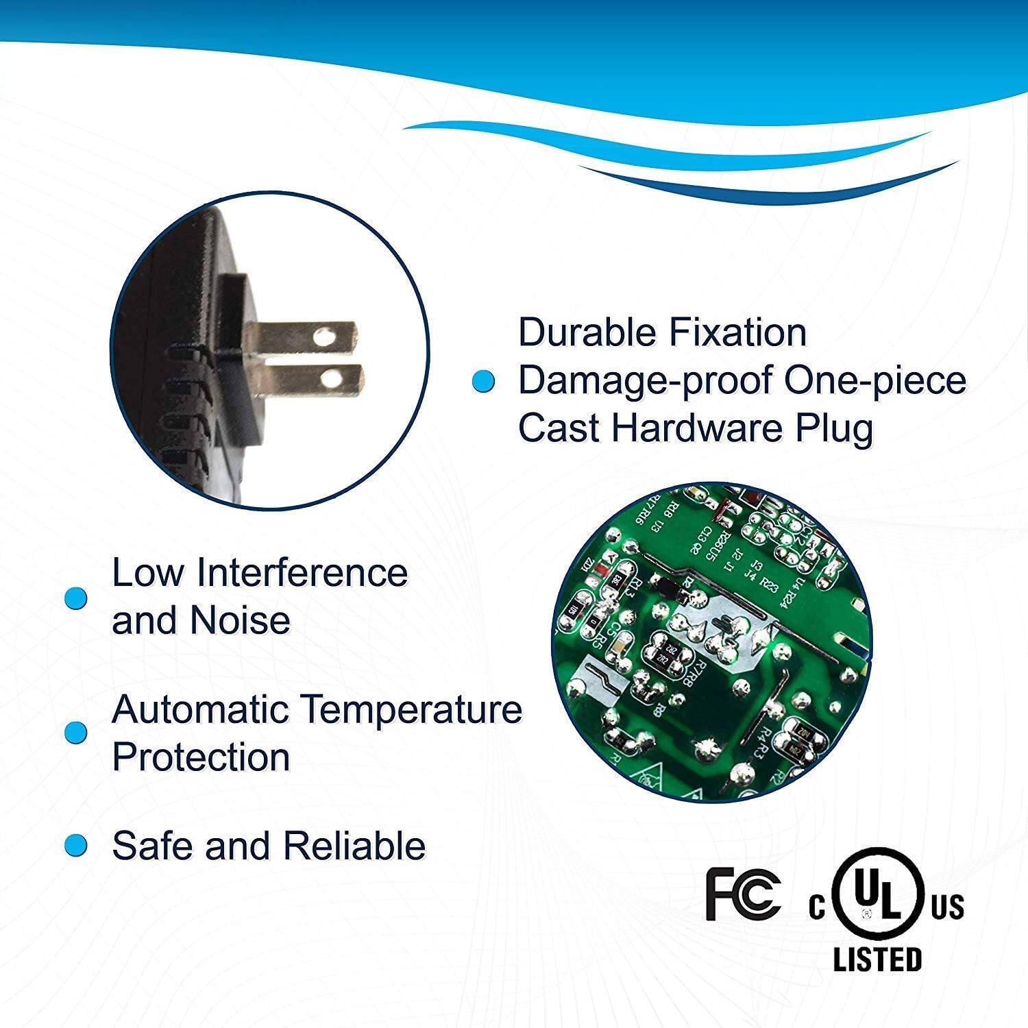 Durable Fixation  
Damage-proof One-piece Cast Hardware Plug  

- Low Interference and Noise  
- Automatic Temperature Protection  
- Safe and Reliable  

FC cUL US LISTED