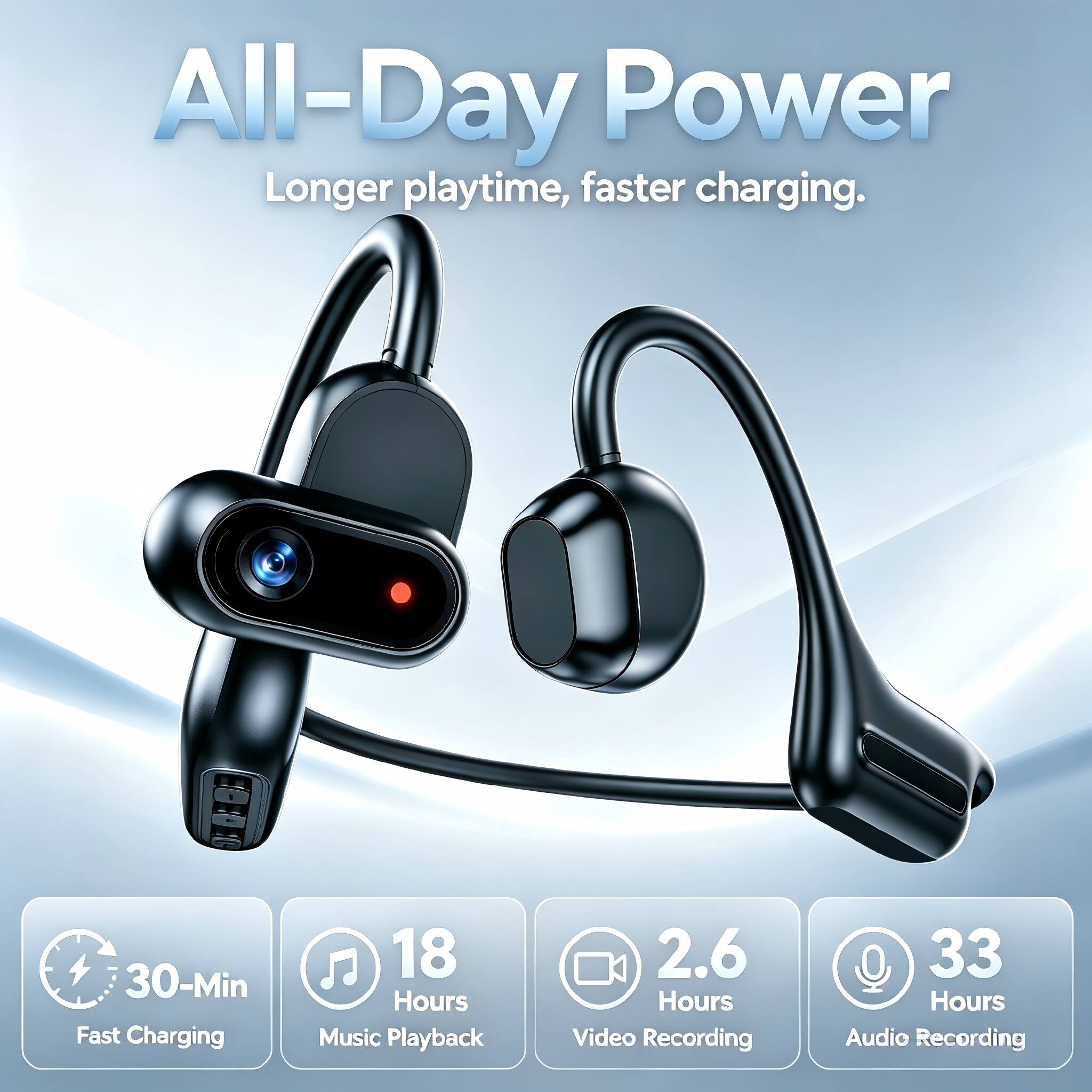 All-Day Power Longer playtime, faster charging.  
30-Min Fast Charging  
18 Hours Music Playback  
2.6 Hours Video Recording  
33 Hours Audio Recording