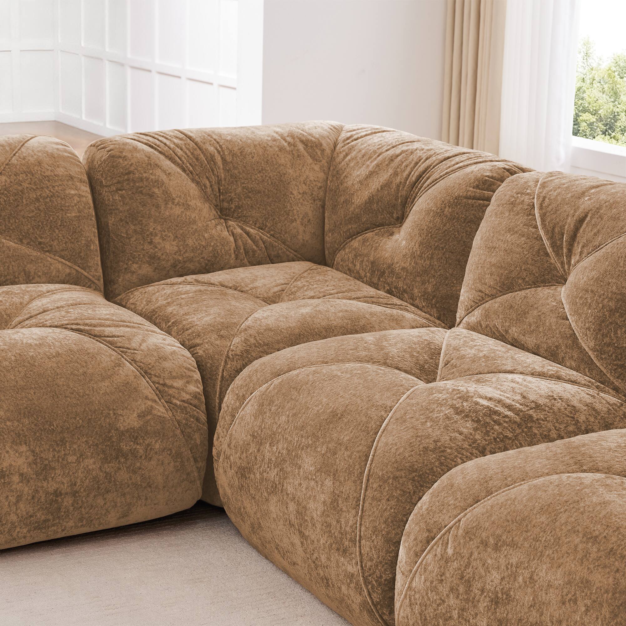 Alt View 5. Aukfa - U-Shaped Boneless Tufted Sofa - 32D High Density Sponge, Free Combination, No Assembly, with Ottomans - Camel.