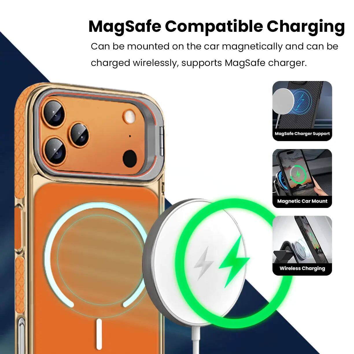 MagSafe Compatible Charging  
Can be mounted on the car magnetically and can be charged wirelessly, supports MagSafe charger.  

MagSafe Charger Support  
Magnetic Car Mount  
Wireless Charging