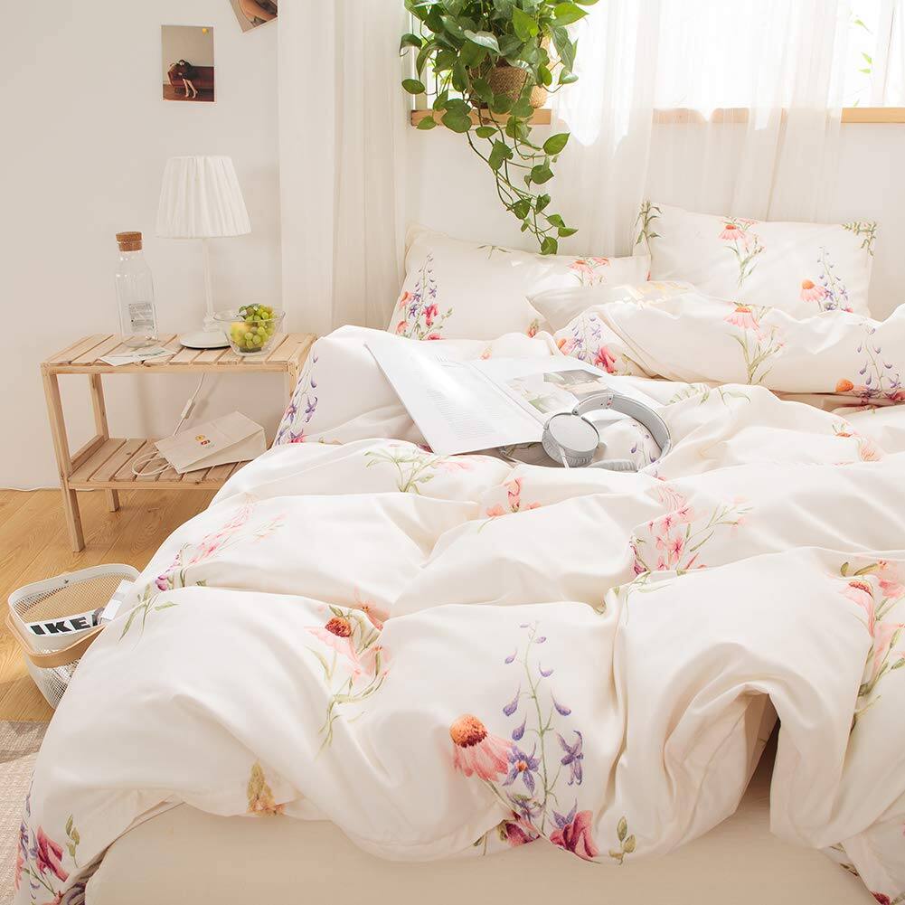 Alt View 3. PO3TICJUNKI3 - Botanical Floral Comforter Set Flowers Printed Soft Microfiber Pastoral Style Bedding Queen 1 2 Pillowcases - Offwhite-Queen.
