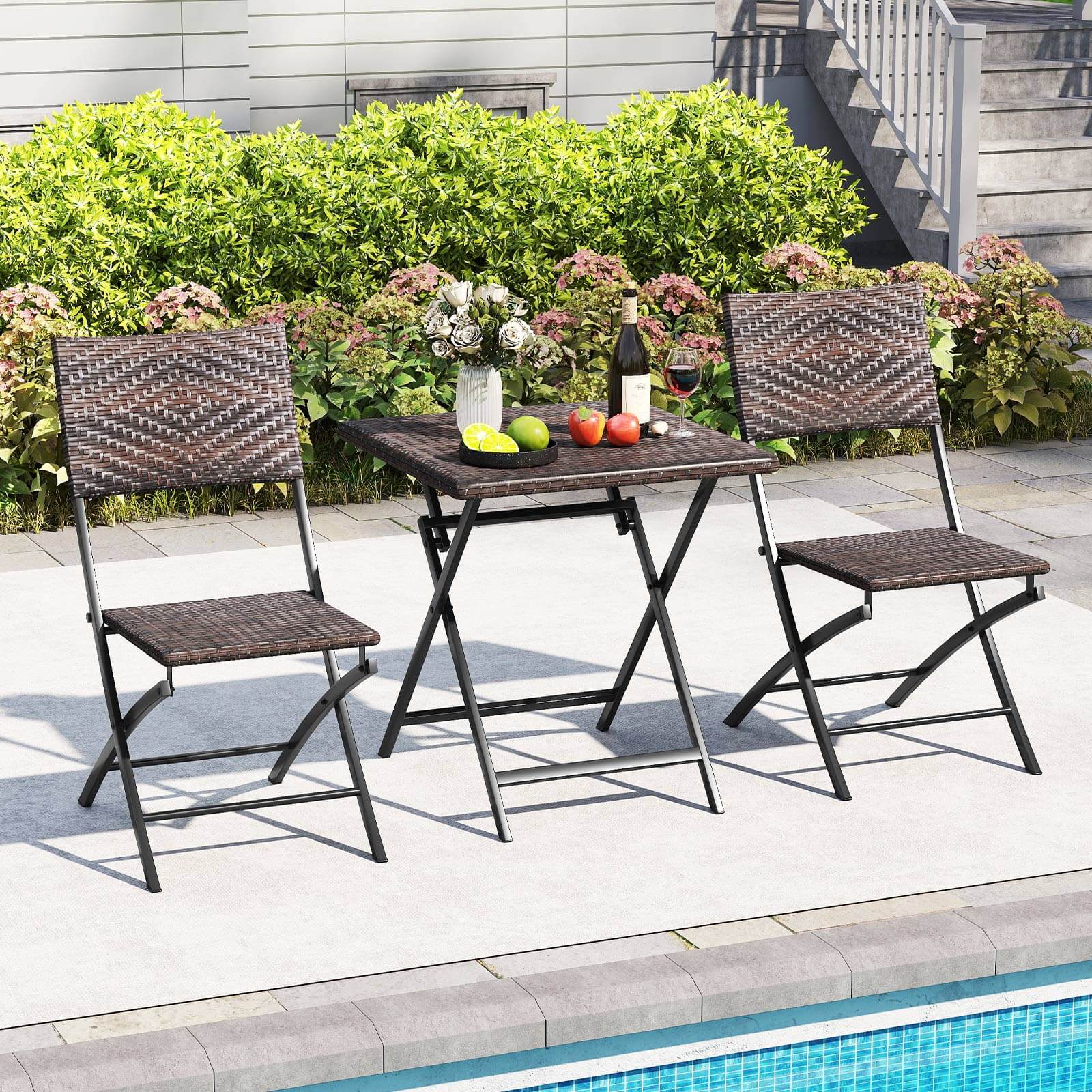 Alt View 3. Costway - Costway 3 PCS Rattan Bistro Set with Wicker Seat & Tabletop for Backyard, Garden, Balcony - Mix Brown.